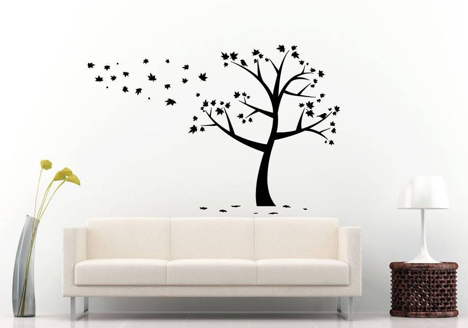 Fall Season Tree Leaves Wind Blowing Flying Nature Beautiful Wall Sticker Decal Vinyl Mural Decor Art L2242