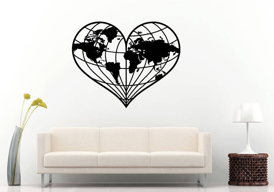 World Map Love Heart Shape World Travel Adventure Geography Wall Sticker Decal Vinyl Mural Decor Art L2262
