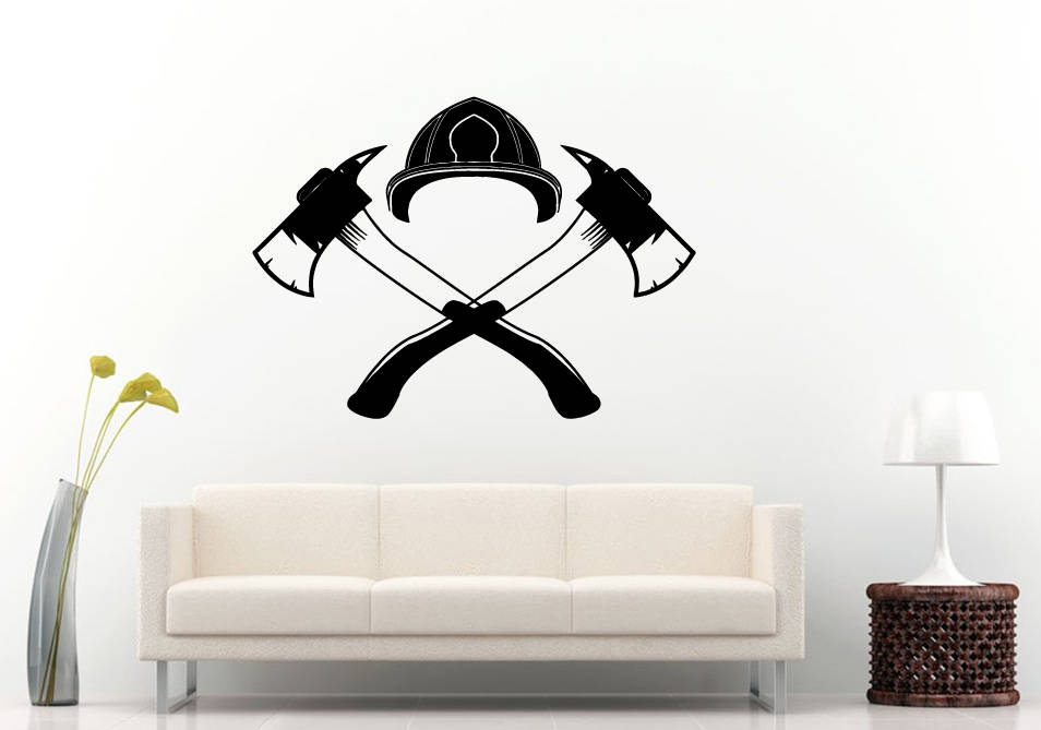 Fire Department Fireman Rescue Team Fireman Helmet Axe Wall Sticker Decal Vinyl Mural Decor Art L2280
