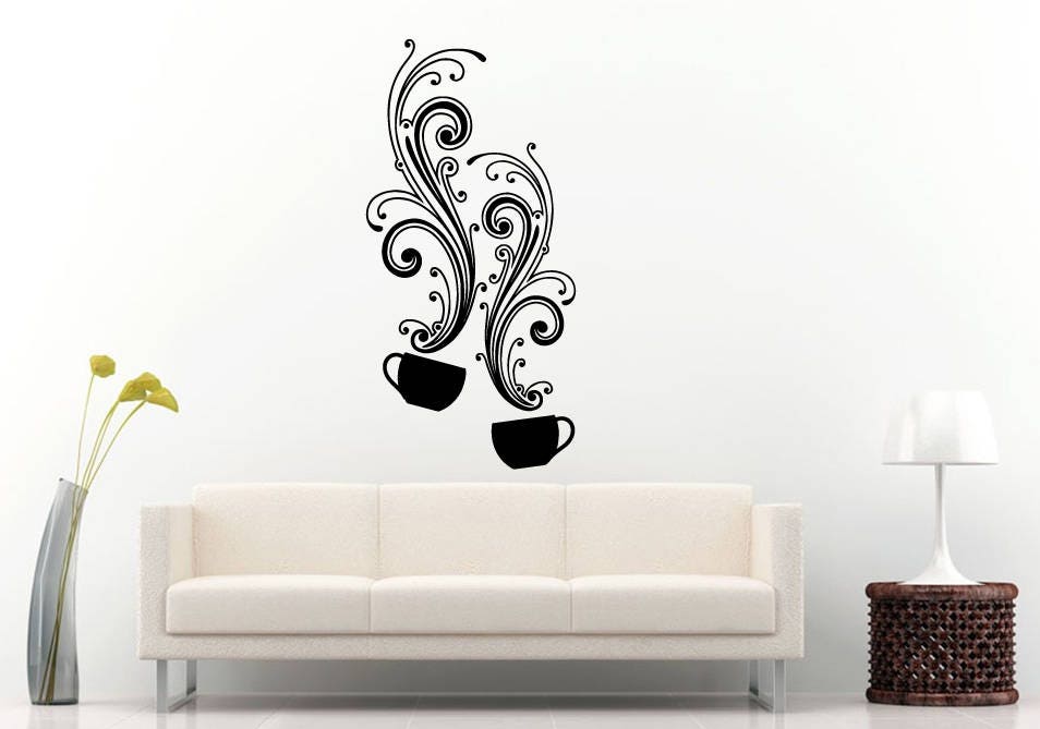 Two Coffee Cup Mug Coffee Shop Breakfast Morning Drink Flowers Pattern Wall Sticker Decal Vinyl Mural Decor Art L2284