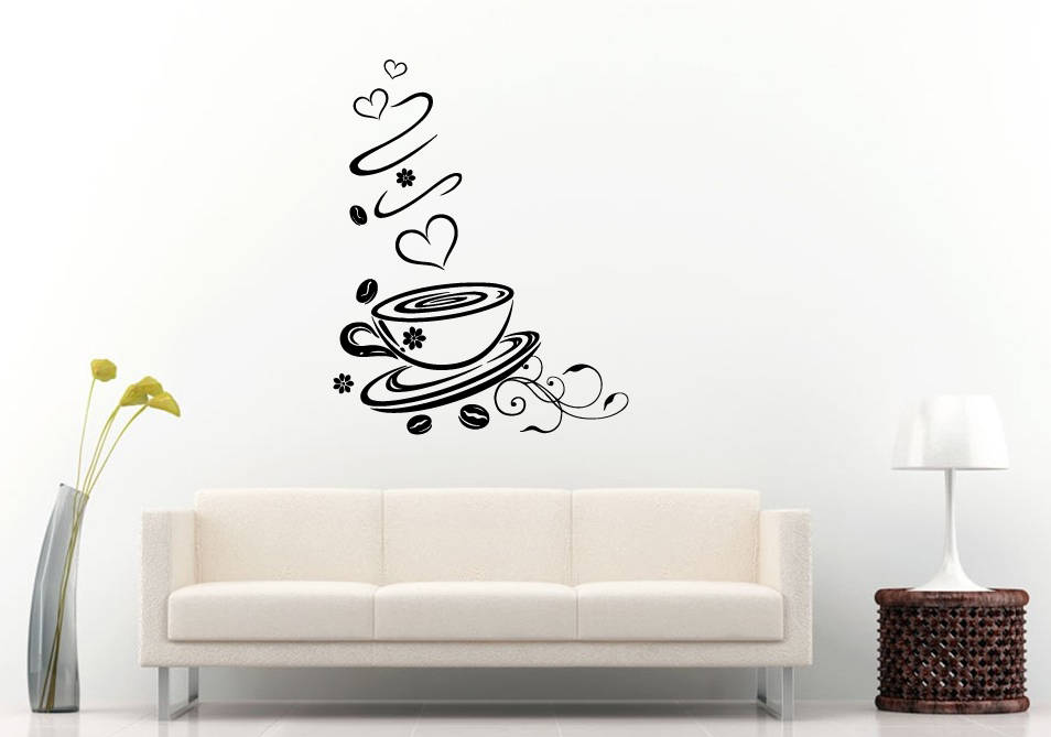 Coffee Shop Store Cup Mug Beans Flower Love Heart Wall Sticker Decal Vinyl Mural Decor Art L2292
