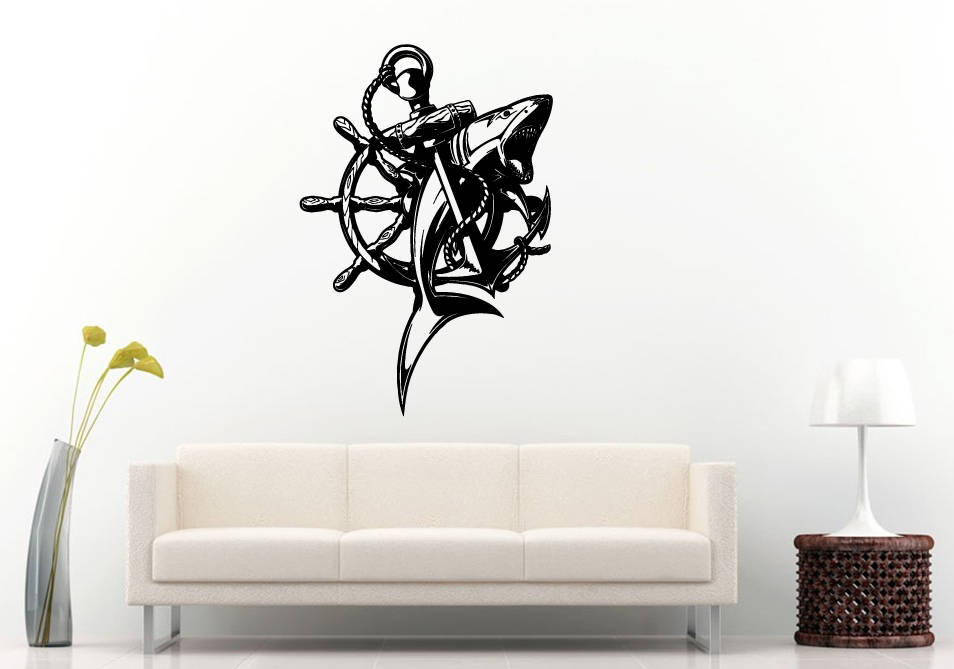 Anchor Shark Wheel Boat Ship Nautical Predator Fish Sea Ocean Wall Sticker Decal Vinyl Mural Decor Art L2334