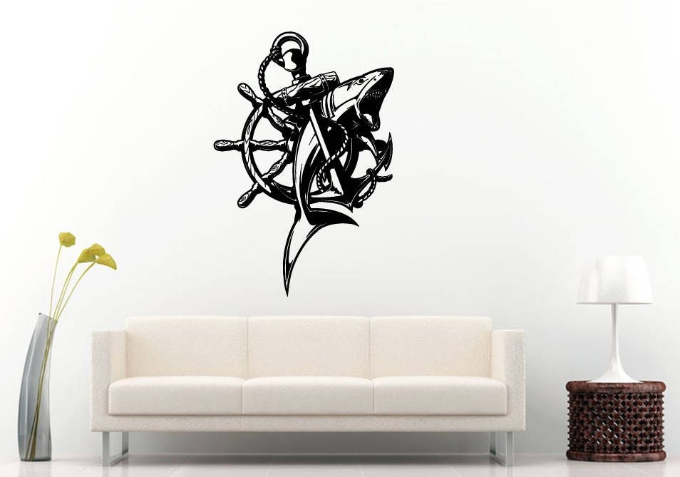 Anchor Shark Wheel Boat Ship Nautical Predator Fish Sea Ocean Wall Sticker Decal Vinyl Mural Decor Art L2334