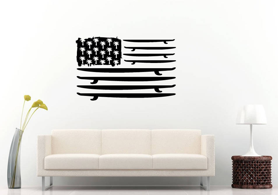 United States USA Flag Surf Boards Palm Trees Ocean Sea Nautical Room Wall Sticker Decal Vinyl Mural Decor Art L2357