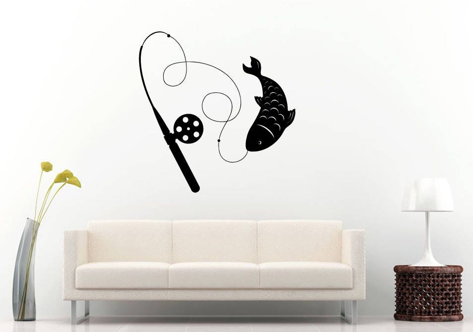 Fishing Pole Fish Sport Fisherman Bait Sea Ocean River Wall Sticker Decal Vinyl Mural Decor Art L2309