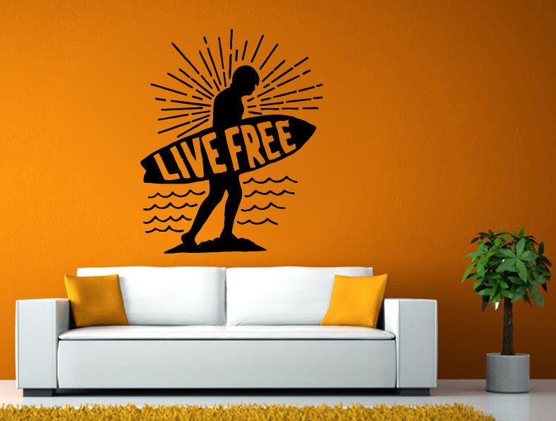 Live Free Sunset Surfboard Surfer Beach Water Sport Room Wall Sticker Decal Vinyl Mural Decor Art L2431