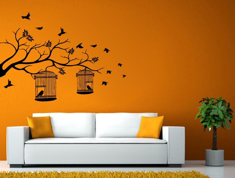 Tree Branch Bird Cage Birds Flying Love Tree Nature Room Wall Sticker Decal Vinyl Mural Decor Art L2436