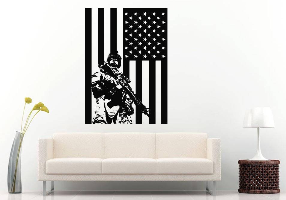 American USA Flag Patriotic Military Weapon Arms War Zone Fight Battle Army Soldier Fleet Wall Sticker Decal Vinyl Mural Decor Art L2369