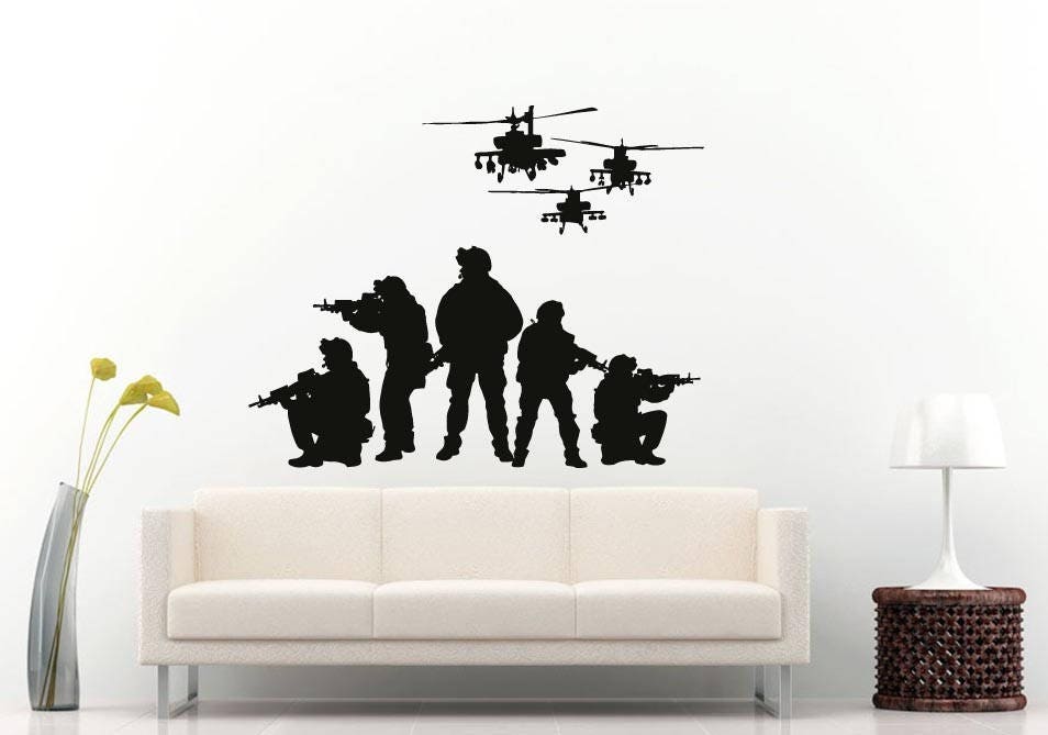 Patriotic Military Rifle Weapon Arms War Helicopters Fight Battle Army Soldier Fleet Wall Sticker Decal Vinyl Mural Decor Art L2366