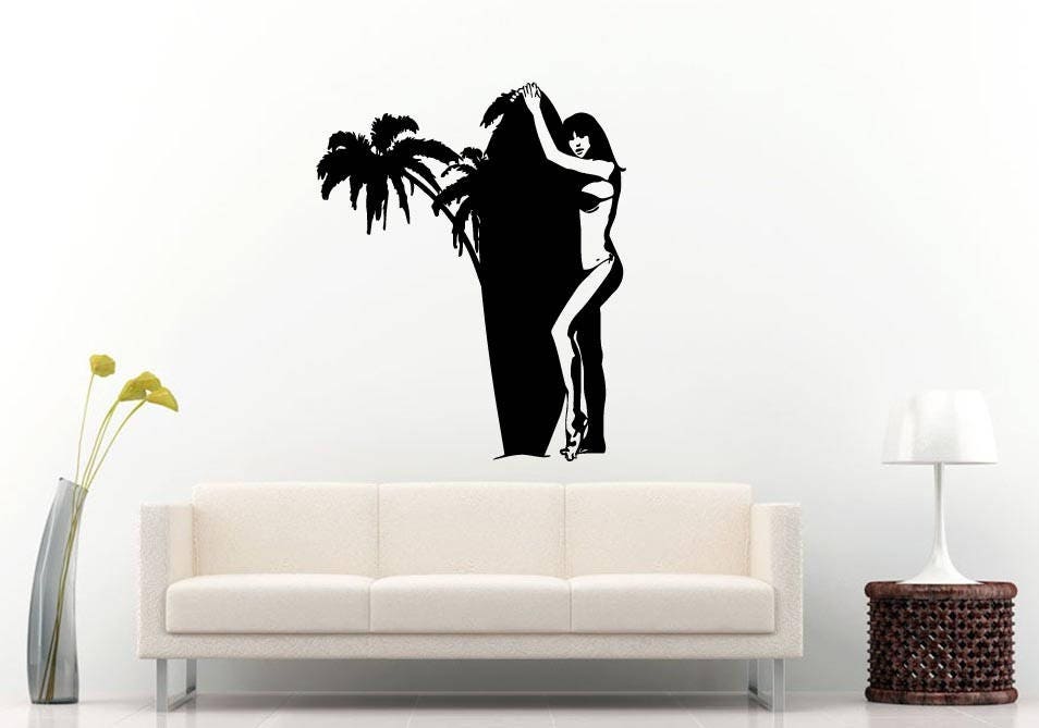 Surfing Bikini Palm Tree Beach Vacation Island Girl Woman Hot Beautiful Fashion Beauty Salon Wall Sticker Decal Vinyl Mural Decor Art L2377
