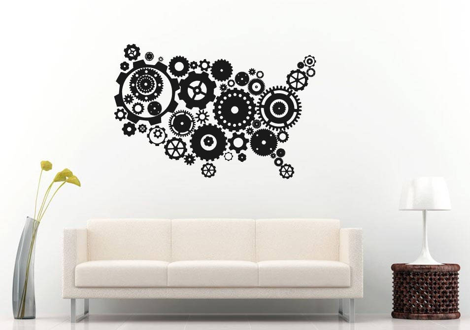 USA Map United States Teamwork Mechanical Gears Hard Effort Success Build Office Motivation Wall Sticker Decal Vinyl Mural Decor Art L2390