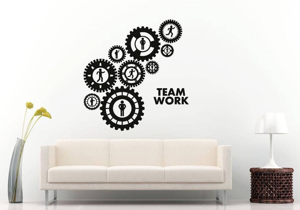 Mechanical Gears People Work Together Teamwork Effort Success Build Office Motivation Wall Sticker Decal Vinyl Mural Decor Art L2394