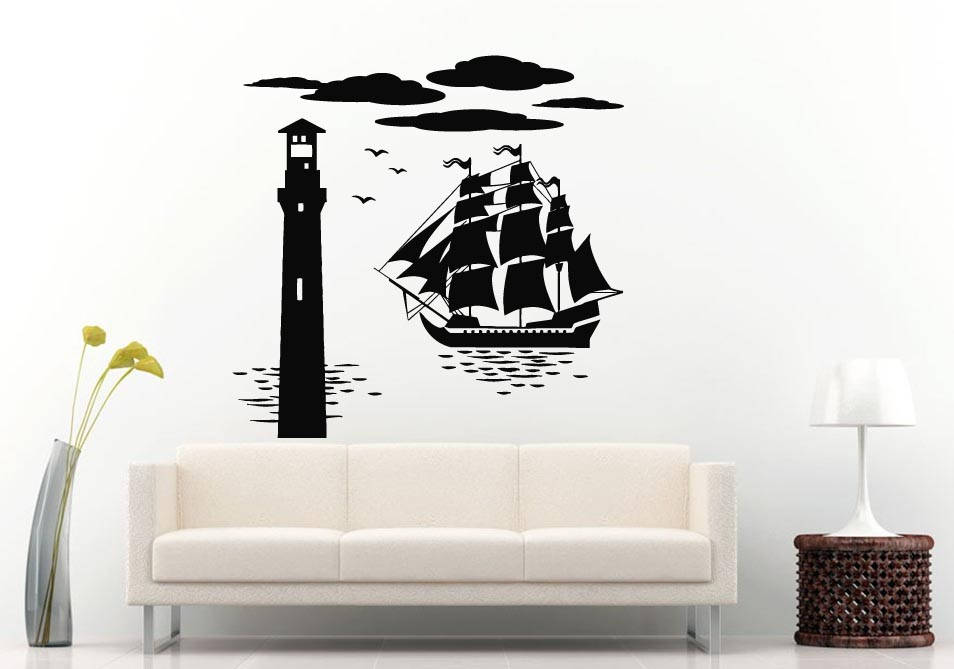 Lighthouse Ship Boat Sails Ocean Sea Maine Nautical Room Wall Sticker Decal Vinyl Mural Decor Art L2412