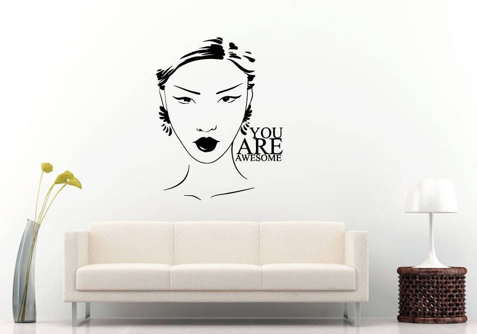 Girl Face You Are Awesome Hair Style Makeup Beauty Salon Hair Shop Room Wall Sticker Decal Vinyl Mural Decor Art L2423