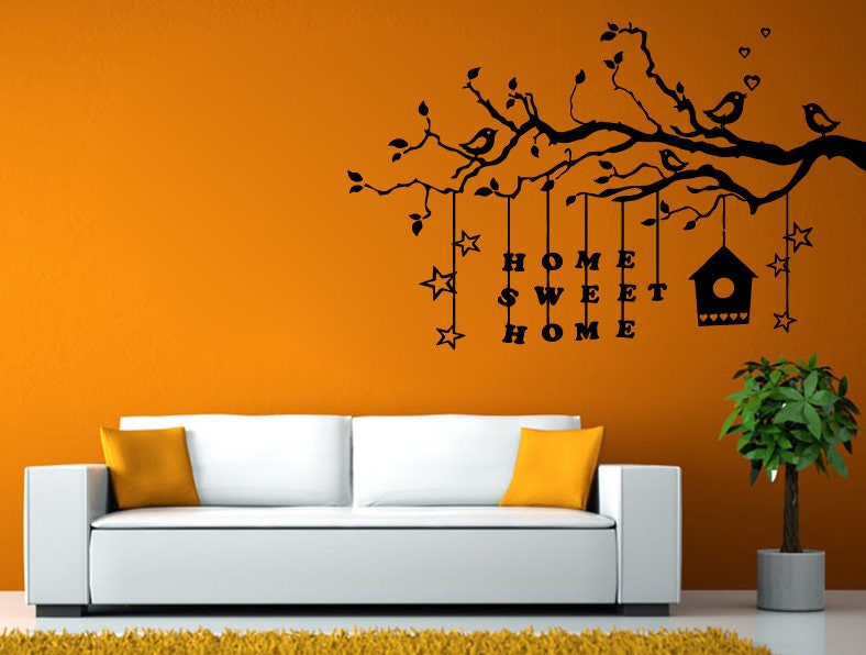 Home Sweet Home Stars Tree Branch Bird House Signing Forest Nature Room Wall Sticker Decal Vinyl Mural Decor Art L2429