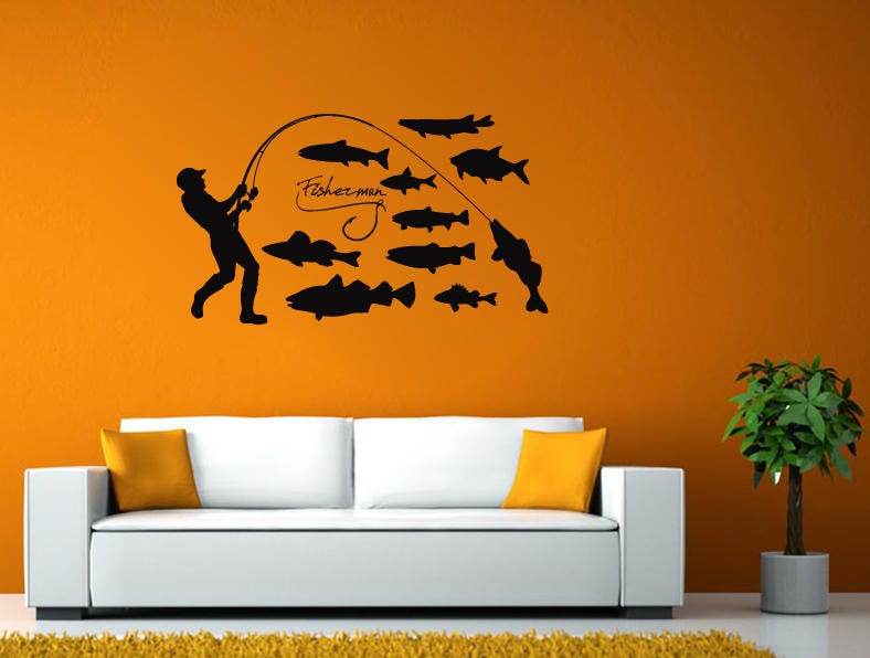 Fisherman Sport Fishing Fishing Pole Water Ocean River Sea Nautical Room Wall Sticker Decal Vinyl Mural Decor Art L2449