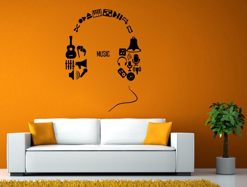 Headphones Music Tools Play Pause Speakers Studio Sound Design Room Wall Sticker Decal Vinyl Mural Decor Art L2452
