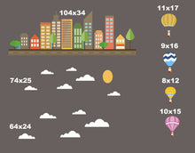 Load image into Gallery viewer, Cartoon city decal, Cartoon town stickers, City stickers for nursery, Town decals for kids, Hot air balloons decals abc16 (130"x90")