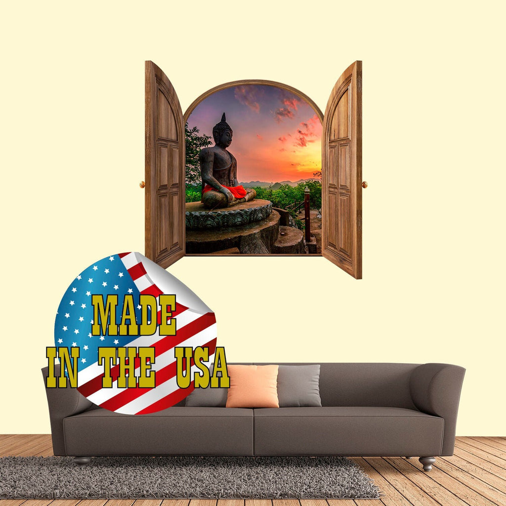 Bali Wall Mural Removable. Buddha Wall Art. Yoga Studio Wall Decor. 3D Effect Window Frame Wall Sticker. Meditation Wall Decal. Sunset Decal
