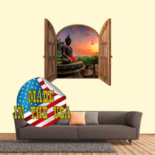 Load image into Gallery viewer, Bali Wall Mural Removable. Buddha Wall Art. Yoga Studio Wall Decor. 3D Effect Window Frame Wall Sticker. Meditation Wall Decal. Sunset Decal