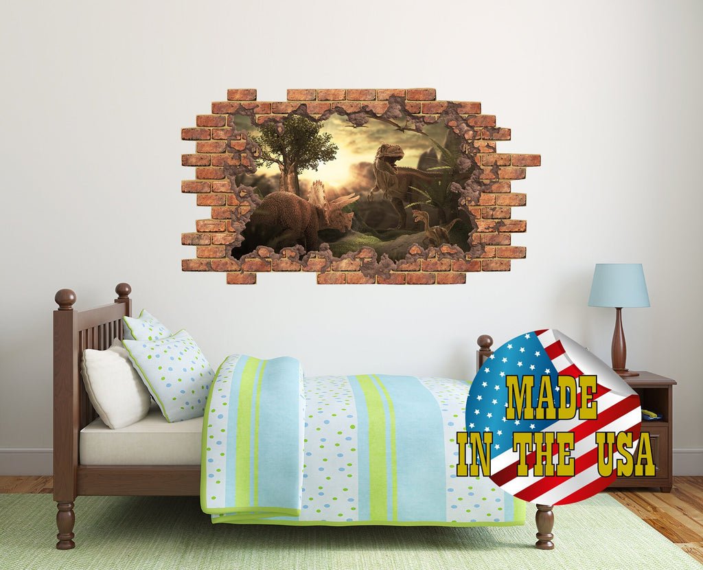 Jurassic World Decal for Boys Room, Hole in the Wall Mural Kids, Dinosaur Wall Decal Nursery, 3D Sticker, Brick Wall Decal, Man Cave Decor