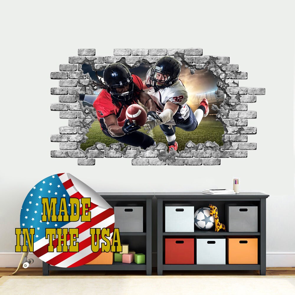 American Football Wall Decal Boys Room, Sport Wall Mural Kids, Football Player 3D wall Decal Large Size, Smashed Brick Wall Art Sticker