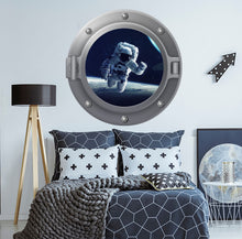 Load image into Gallery viewer, 3D Porthole Wall Decal. Cosmonaut Vinyl Sticker. Galaxy Space Window Mural. Space Astronaut Removable Decal. Space Nursery Bedroom Decor NT4