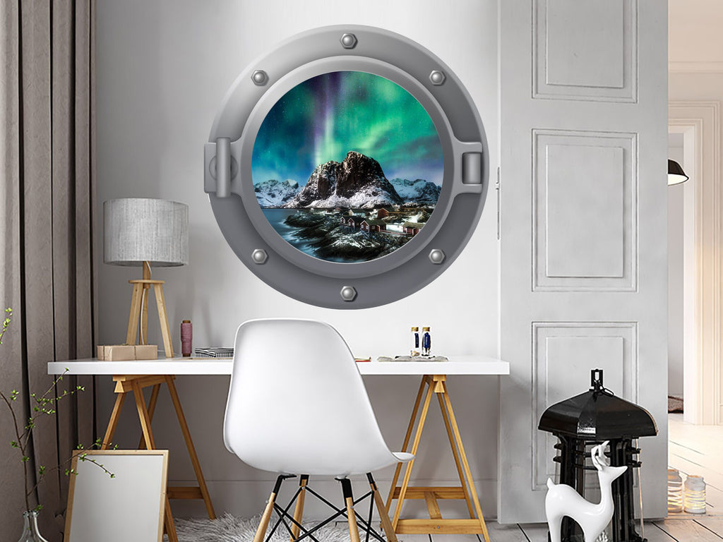 3D Northern Lights Wall Decal. Nature Window Removable. Northern Lights Vinyl Sticker. Mountains Porthole Decoration. Peel and Stick NT6