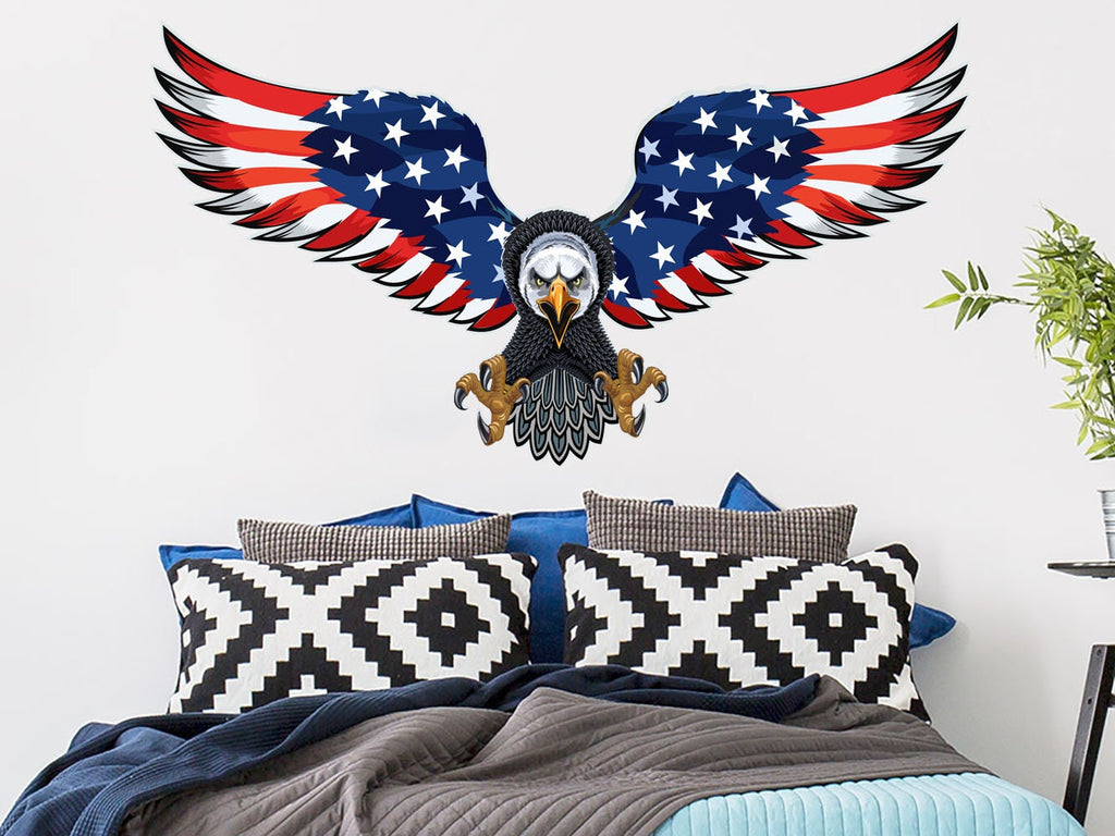 American Eagle Wall Decal. American Vinyl Sticker Murals. Patriotic Wall Decal. American Eagle Flag Decoration. Eagle Above Bed Decor NT15