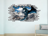 Dragon Hole in the Decals. Mountains Vinyl Sticker Murals. Blue Dragon Wall Decor. Dragon Animals Bedroom Decoration. Peel and Stick NT23