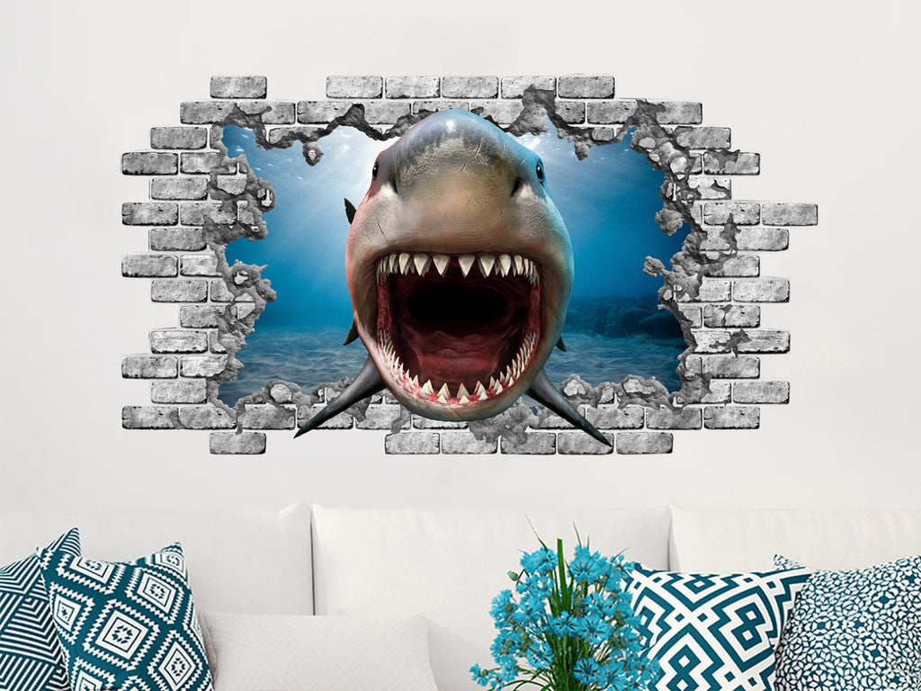 3D Shark Wall Sticker. Nautical Hole in the Decals. Undersea World Vinyl Sticker Murals. Shark Bathroom Decor. Shark Nautical Theme NT28