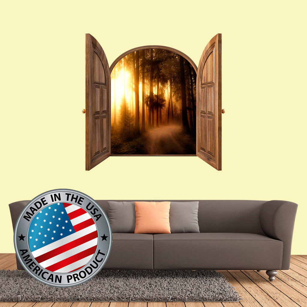 3D Window Frame Wall Decal. Sunrise Forest Wall Mural Removable. Nature View Wall Poster. 3D Effect Window Decal. MADE in THE USA