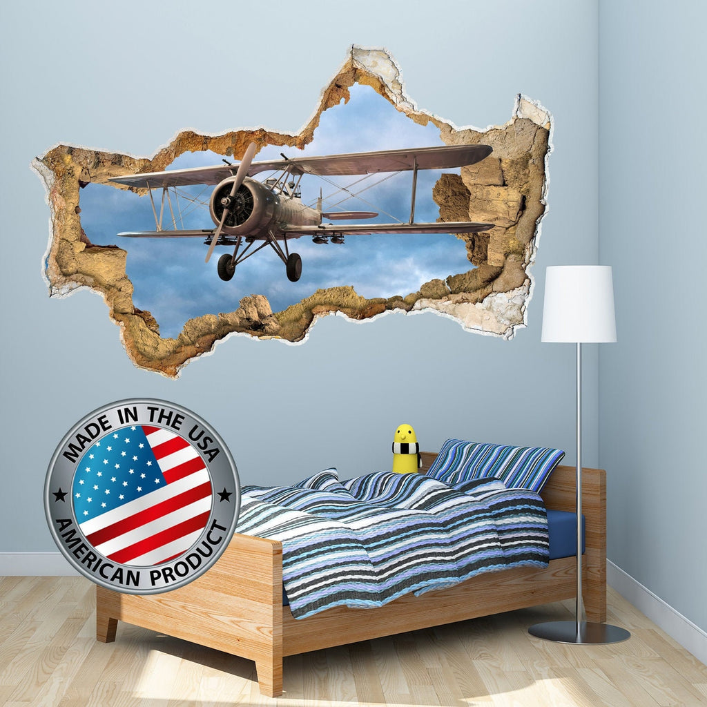 3D Plane Wall Decal Boys Room / Hole in the Wall Mural Large Size / Airplane Wall Sticker Kids / Clouds Wall Decal / Smashed Wall Decal
