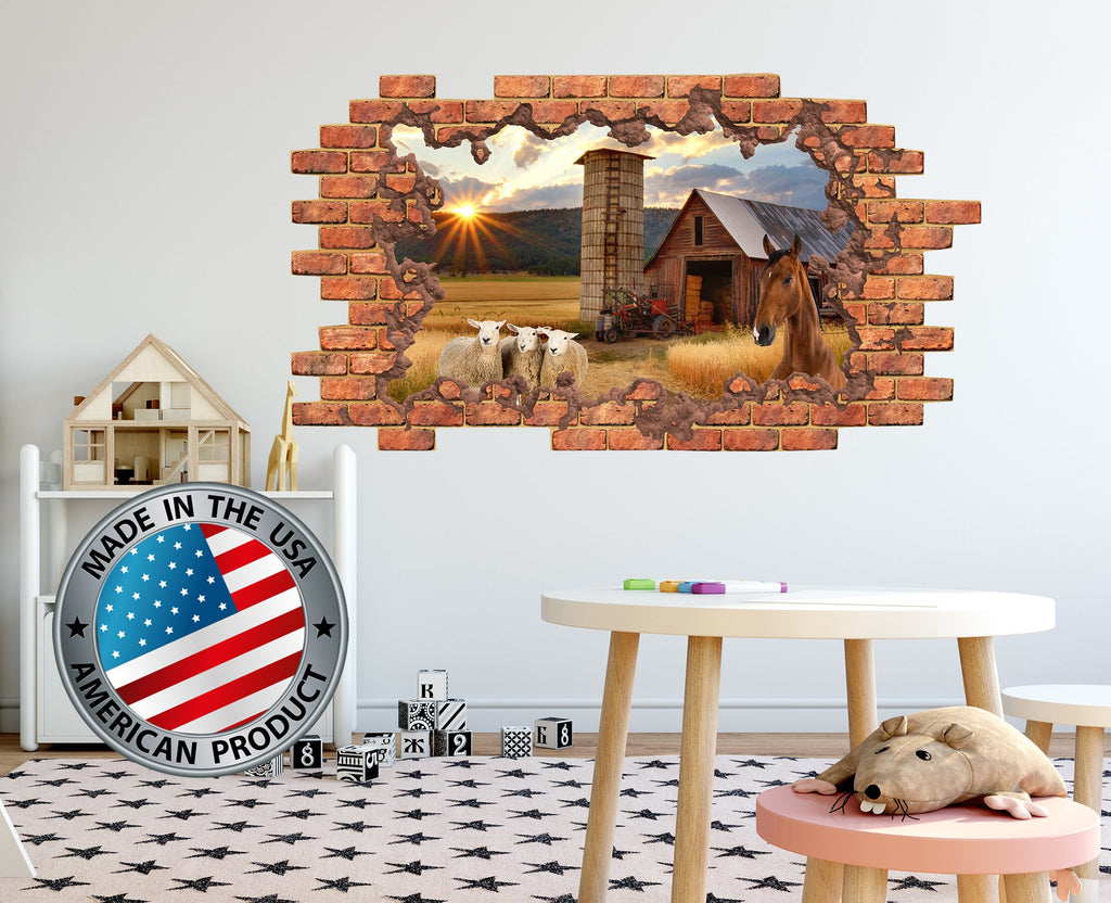 Farm Animals Wall Decal Kids, 3D Effect Wall Decal, Large Wall Mural Country Decor, Sheep Decal, Horse Wall Decal, Cottage Wall Sticker