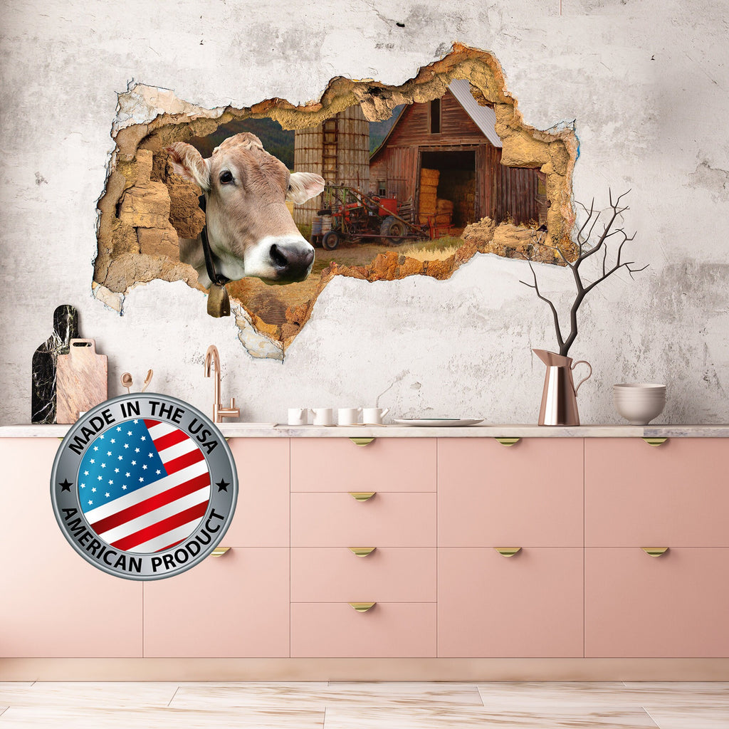 3D Cow Wall Decal. Smashed Wall Decal Kids. Large Wall Mural Farm Animals . Cow Wall Sticker. Kitchen Wall Decor. Farm House Wall Decor