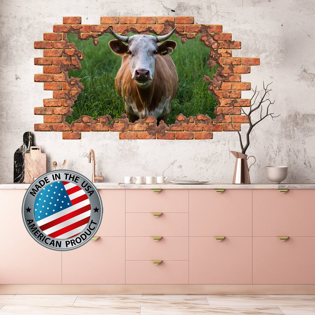 Cow Wall Decal Kitchen. Farm Animal Wall Decal Kids. 3d Cow Decal. Smashed Wall Decal. Brick Wall Decal Nature. Cow Wall Mural Children