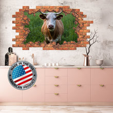Load image into Gallery viewer, Cow Wall Decal Kitchen. Farm Animal Wall Decal Kids. 3d Cow Decal. Smashed Wall Decal. Brick Wall Decal Nature. Cow Wall Mural Children