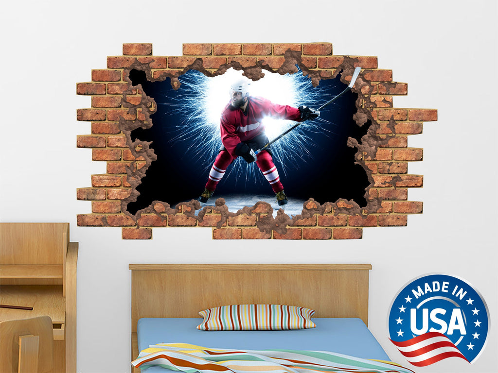 Hockey Hole in the Decals. Player Vinyl Sticker Murals. Sport Hockey Removable Decals. Hockey Above Bed Decals. Boys Bedroom Decor NT43
