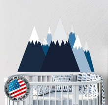 Load image into Gallery viewer, Mountain Wall Decal Baby Boy Nursery. Blue Mountain Peaks Wall Mural Kids. Woodland Wall Decor For Children Room. Mountain Peaks with Snow