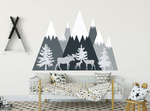 Load image into Gallery viewer, Mountain Wall Decal Baby Boy Nursery. Moose Family Wall Decal. Woodland Nursery Decor. Forest Animal Sticker. Grey Mountain Large Decal