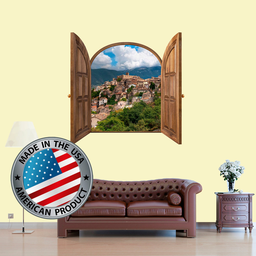 Window Frame with City View Wall Decal, 3D Window Mural Large, Nature Landscape Vinyl Sticker, Mountain Wall Decal Travel Agency Decor