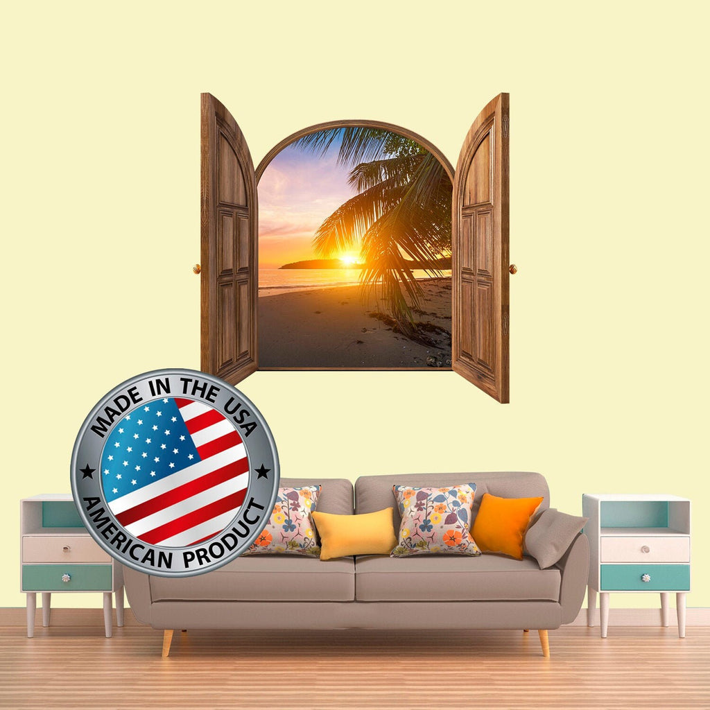 3D Effect Window Frame Wall Decal with Ocean View. Sunset Wall Sticker. Palm Tree Wall Decal. Beach View Wall Mural. Exotic Decor Floral