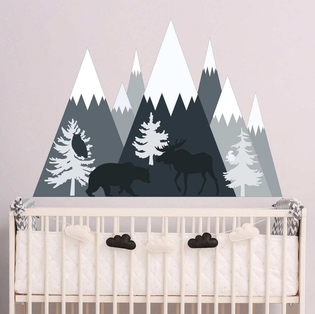 Mountain Wall Decal Baby Boy Nursery. Pine Tree Forest Wall Mural. Forest Animal Decor. Woodland Wall Decal Kids. Bear Wall Decal. Owl Bird