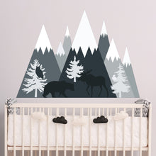 Load image into Gallery viewer, Mountain Wall Decal Baby Boy Nursery. Pine Tree Forest Wall Mural. Forest Animal Decor. Woodland Wall Decal Kids. Bear Wall Decal. Owl Bird