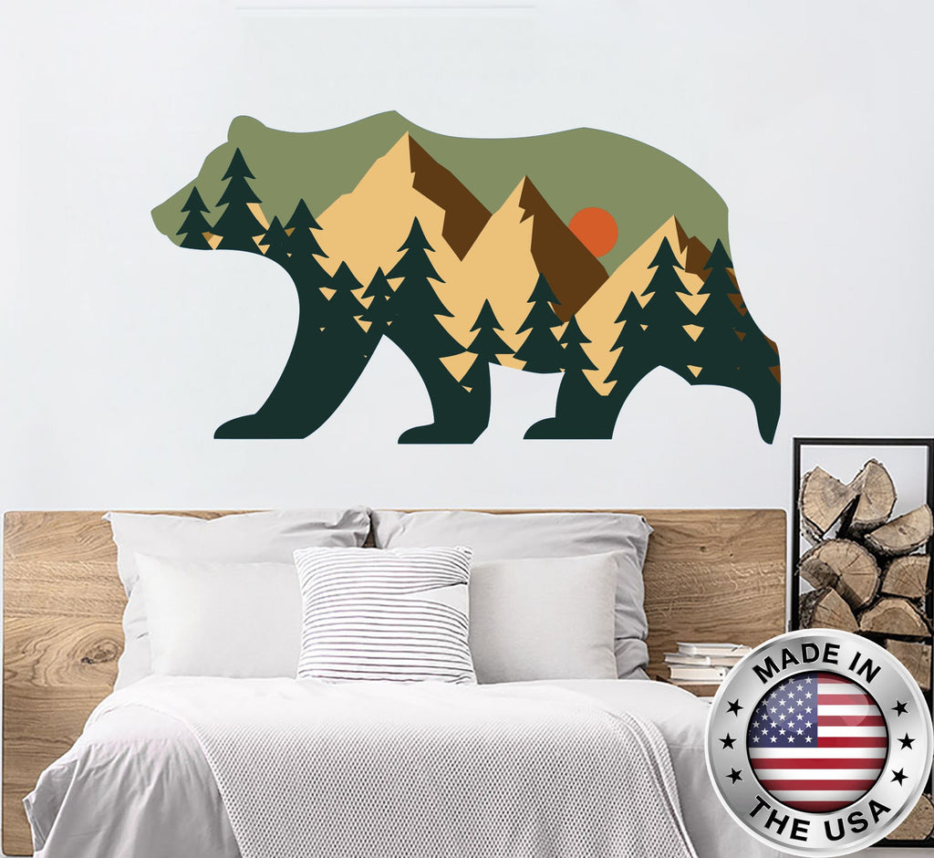 Bear Wall Decals. Animal Woodland Vinyl Sticker. Pine Tree Wall Murals. Bear Removable Decals. Spruce Bear Above Bed Decor NT56