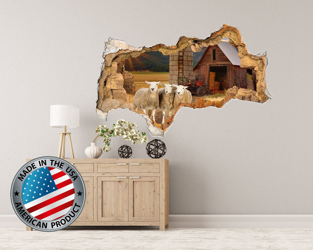3D Hole in the Wall Mural / Sheep Wall Decal Kids / Farm Wall Decor / Farmhouse Wall Mural / Wall Crack Sticker / Nature Wall Decal