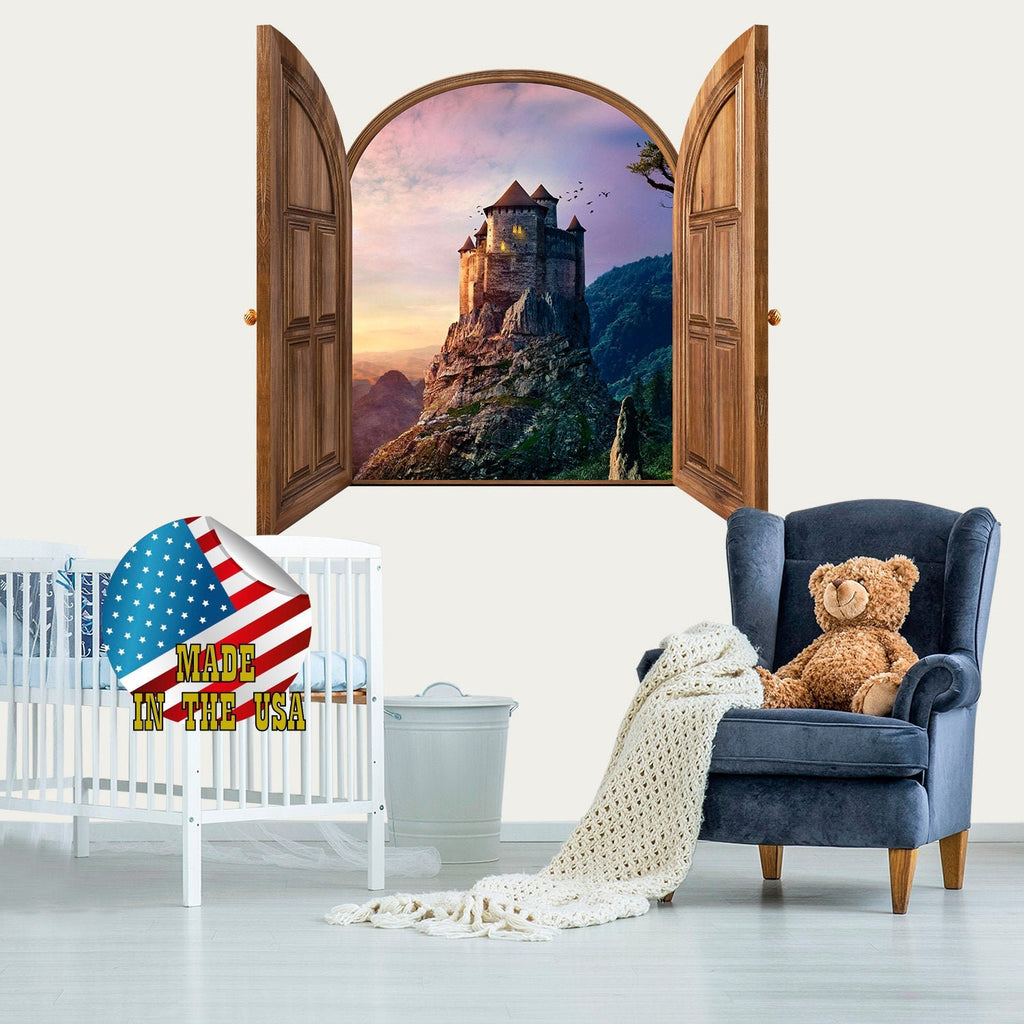 3D Wall Decal Kids. Window Frame Wall Mural Large. Fairy Castle Wall Sticker Children. Removable Wall Decals. Nature View Custom Print Size