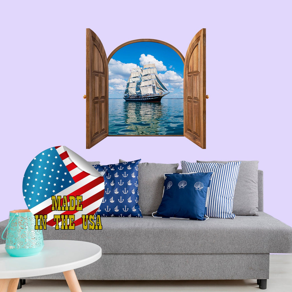 3D Window Frame Wall Decal. Nautical Wall Decor for Any Room. Ship Vinyl Sticker. Sea Waves Wall Mural Boys Room. Ocean View Wall Decals