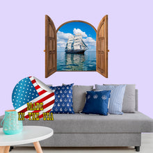 Load image into Gallery viewer, 3D Window Frame Wall Decal. Nautical Wall Decor for Any Room. Ship Vinyl Sticker. Sea Waves Wall Mural Boys Room. Ocean View Wall Decals