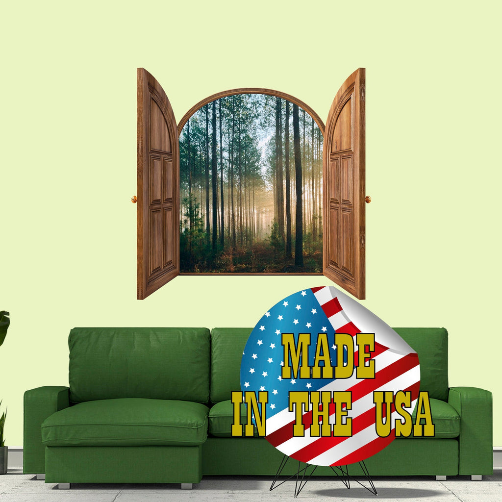 3D Window Frame Wall Decal. Sunrise Forest Wall Mural Removable. Nature View Wall Poster. 3D Effect Window Decal. MADE in THE USA